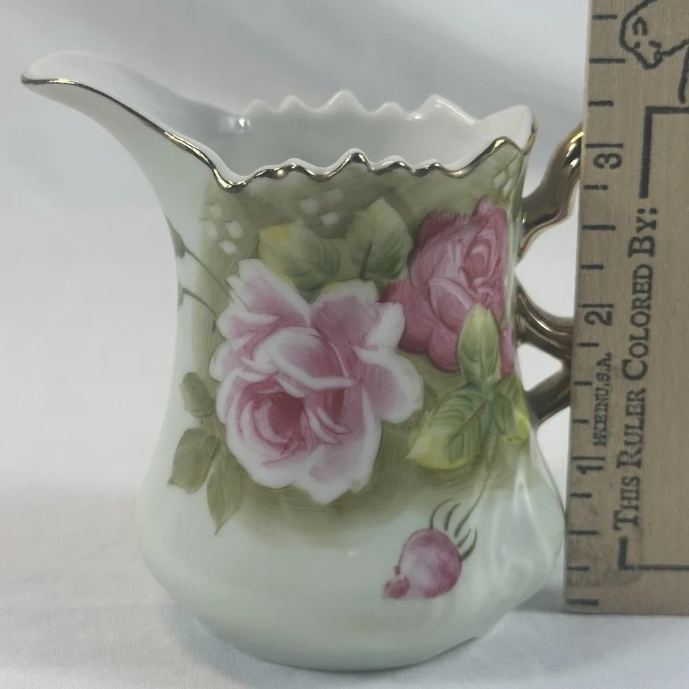 Vtg Lefton Heritage Rose Tea Set Teapot Sugar Creamer Bud Vase Gold Hand Painted